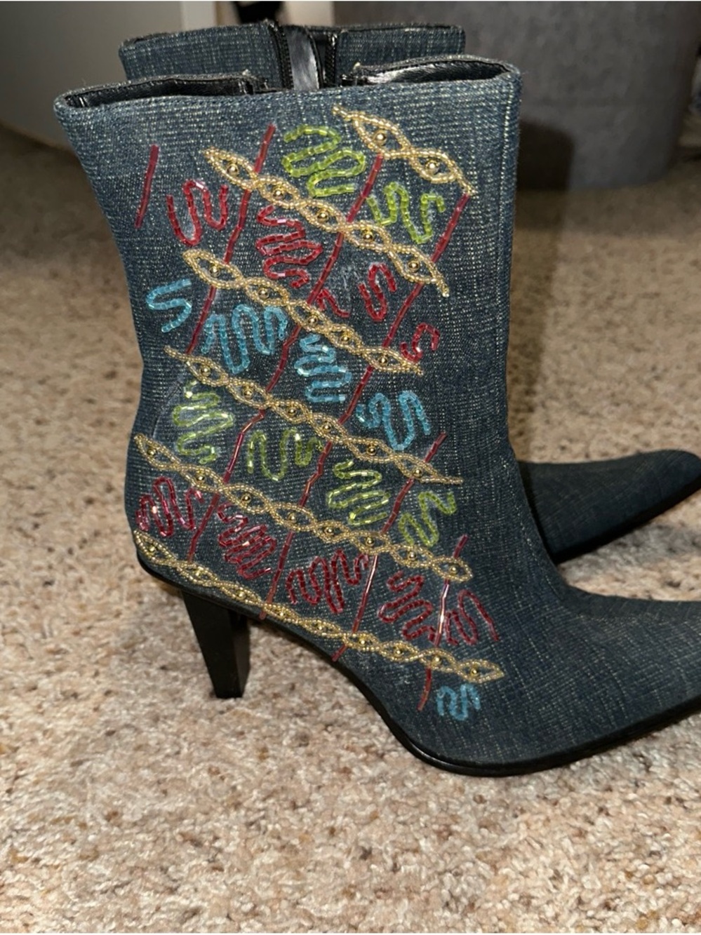 Embellished Denim Ankle Boots - Multicolor Embroidery